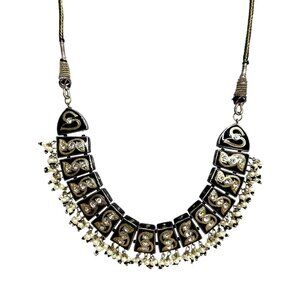 Ethnic-Inspired Black/Gold Beaded Necklace W/Intricate Detailing & Adjust. Cord